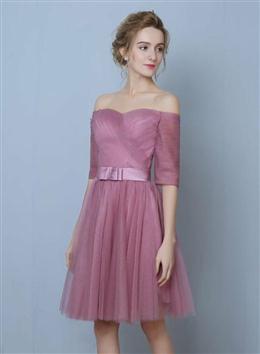 Picture of Pink Tulle Short Sleeves Short Bridesmaid Dress, Pink A-line Homecoming Dresses Formal Dresses